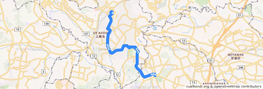 Mapa del recorrido 新百合線 de la línea  en 麻生区.