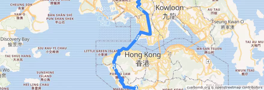 Mapa del recorrido 過海隧巴970X線 Cross-harbour Bus 970X (香港仔 Aberdeen → 蘇屋 So Uk) de la línea  en Nuevos Territorios.