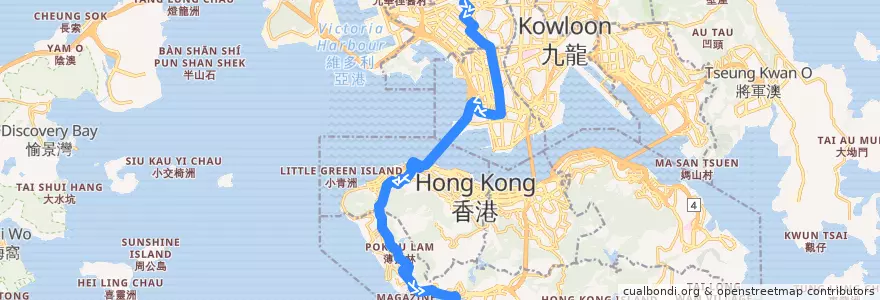 Mapa del recorrido 過海隧巴970X線 Cross-harbour Bus 970X (蘇屋 So Uk → 香港仔 Aberdeen) de la línea  en Nouveaux Territoires.