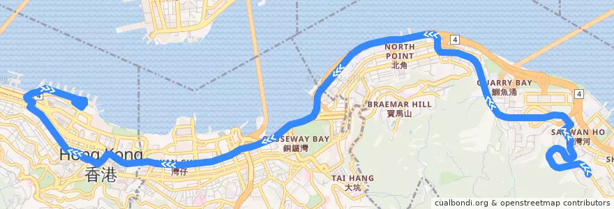 Mapa del recorrido Bus 722 (Yiu Tung → Central Ferry Piers) (2) de la línea  en Pulau Hong Kong.