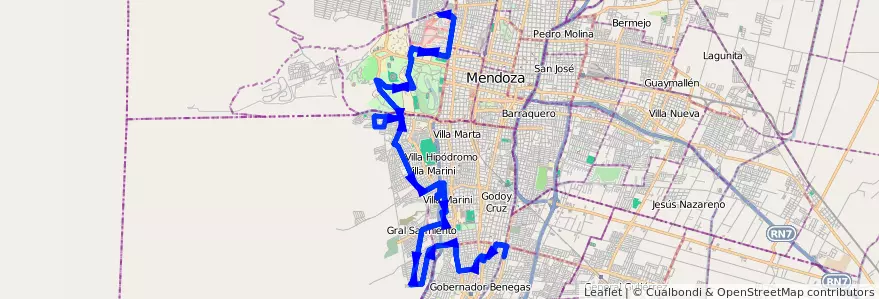 Mapa del recorrido 34 - Vinculación por El Oeste - Bº La Estanzuela de la línea G03 en Mendoza.