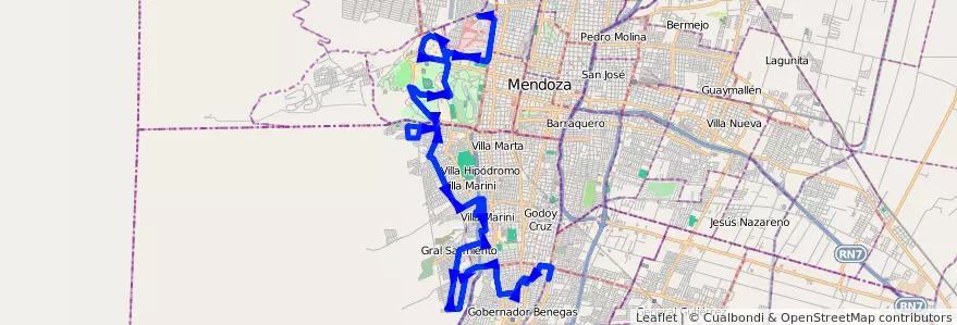 Mapa del recorrido 34 - Vinculación por El Oeste - Bº La Estanzuela - U.N.C. de la línea G03 en Mendoza.