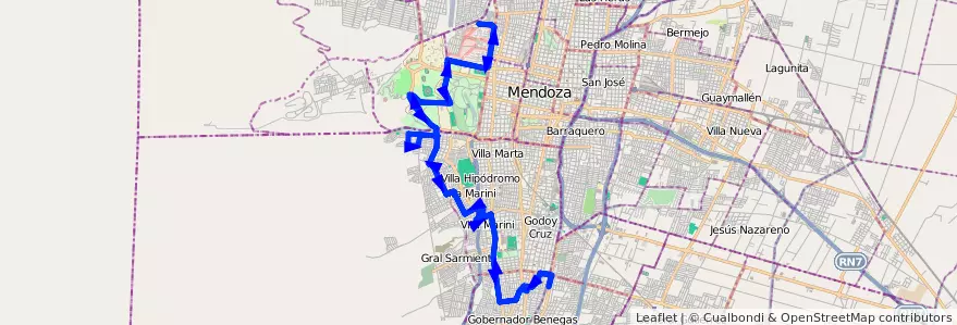 Mapa del recorrido 34 - Vinculación por El Oeste de la línea G03 en Mendoza.