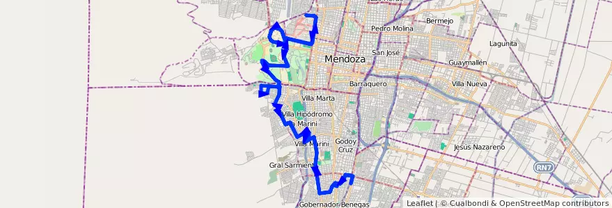 Mapa del recorrido 34 - Vinculación por El Oeste - Hospital Lagomaggiore de la línea G03 en Mendoza.