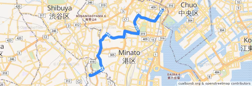 Mapa del recorrido 東京都交通局 橋86 新橋六丁目 - 目黒駅 de la línea  en Minato.