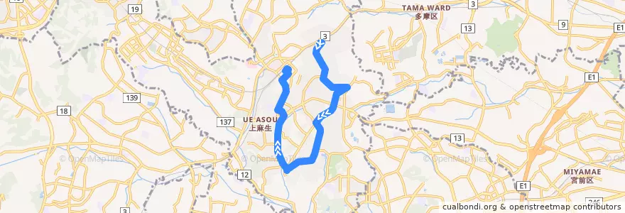 Mapa del recorrido 王禅寺線 de la línea  en Asao Ward.