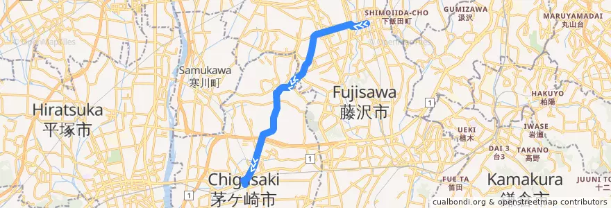 Mapa del recorrido 湘11 湘南台駅西口→甘沼・遠藤→茅ヶ崎駅 de la línea  en 가나가와현.