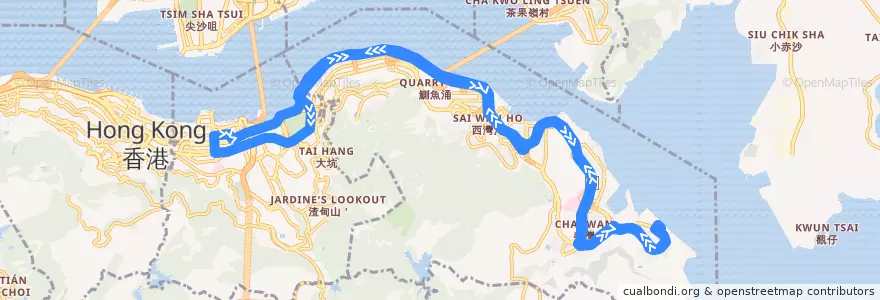 Mapa del recorrido 新巴N8P線 NWFB N8P (小西灣（藍灣半島） Siu Sai Wan (Island Resort) ↺ 灣仔（港灣道） Wan Chai (Harbour Road)) de la línea  en 홍콩섬.