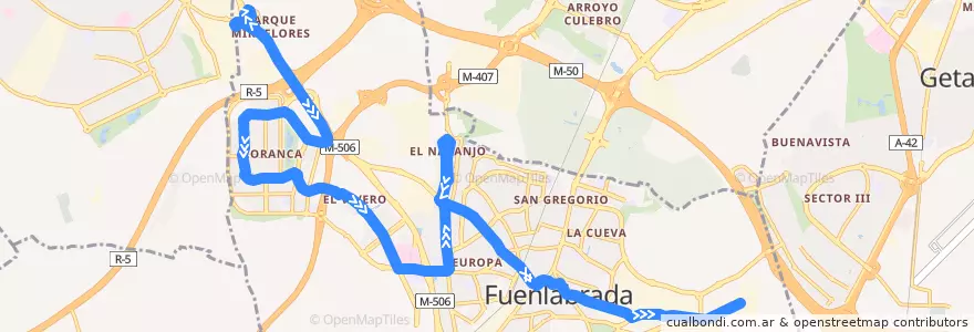 Mapa del recorrido Línea 1. Parque Miraflores → Polígono Sevilla de la línea  en Fuenlabrada.