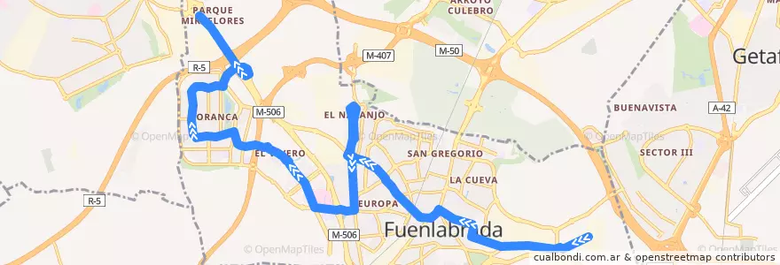 Mapa del recorrido Línea 1. Polígono Sevilla → Parque Miraflores de la línea  en Fuenlabrada.