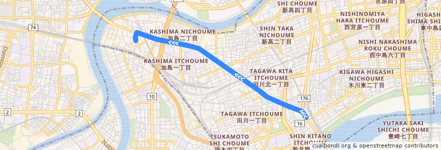 Mapa del recorrido 17: 十三～加島西 de la línea  en 淀川区.