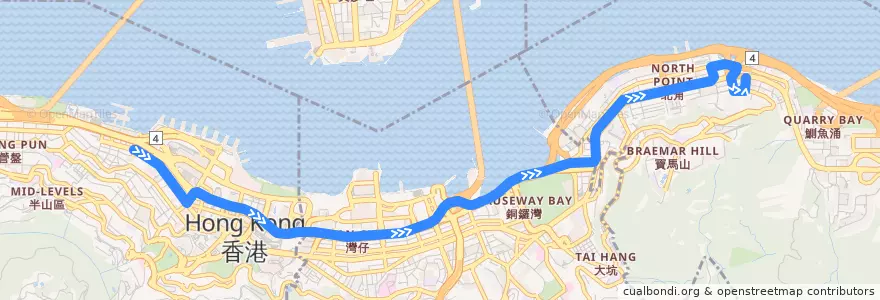 Mapa del recorrido Bus 18 (Sheung Wan - North Point (Healthy Street Central)) de la línea  en جزیره هنگ کنگ.