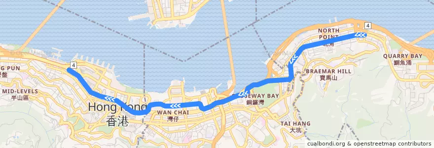 Mapa del recorrido Bus 18 (North Point (Healthy Street Central) - Sheung Wan) de la línea  en جزيرة هونغ كونغ.