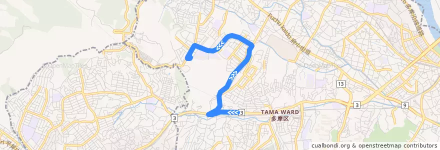 Mapa del recorrido 生田折返場⇔西菅団地 de la línea  en Tama.