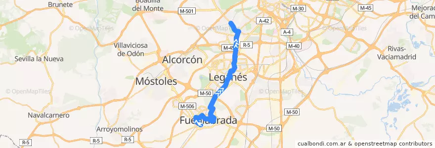 Mapa del recorrido Bus 492: Fuenlabrada (Parque Granada) - Madrid (Aluche) de la línea  en Área metropolitana de Madrid y Corredor del Henares.