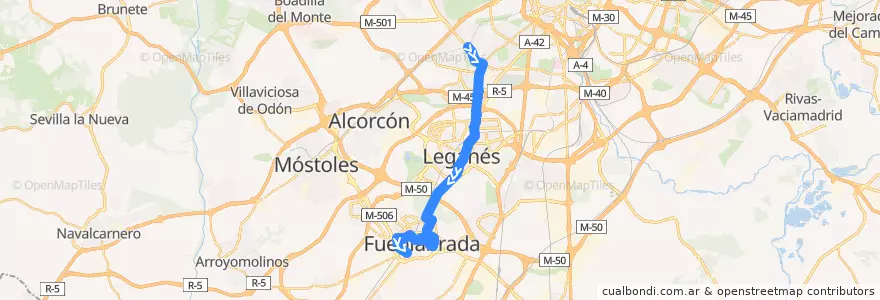 Mapa del recorrido Bus 492: Madrid (Aluche) - Fuenlabrada (Parque Granada) de la línea  en Área metropolitana de Madrid y Corredor del Henares.
