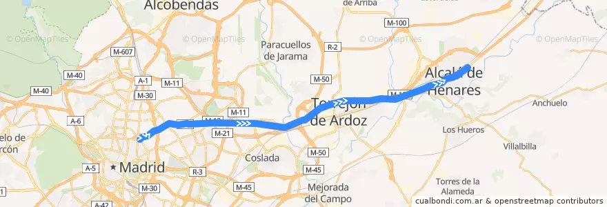 Mapa del recorrido Bus 223: Madrid (Avenida de América) → Alcalá de Henares de la línea  en Área metropolitana de Madrid y Corredor del Henares.
