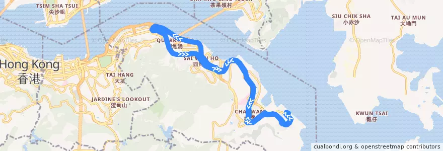 Mapa del recorrido 新巴82X線 NWFB 82X (小西灣（藍灣半島） Siu Sai Wan (Island Resort) ↺ 鰂魚涌 Quarry Bay) de la línea  en 東區 Eastern District.