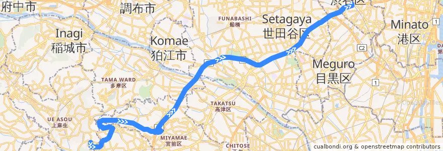 Mapa del recorrido TOKYU E-Liner de la línea  en Japão.