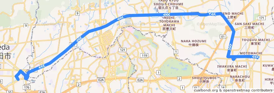 Mapa del recorrido 92: 阪急茨木～阪急石橋 de la línea  en 大阪府.