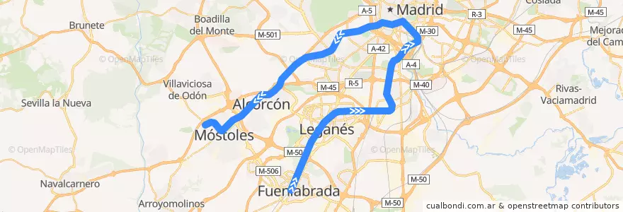 Mapa del recorrido C-5. Fuenlabrada → Atocha → Móstoles El Soto de la línea  en Área metropolitana de Madrid y Corredor del Henares.