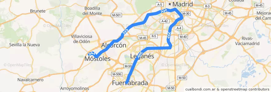Mapa del recorrido C-5. Móstoles-El Soto → Atocha → Fuenlabrada de la línea  en Área metropolitana de Madrid y Corredor del Henares.