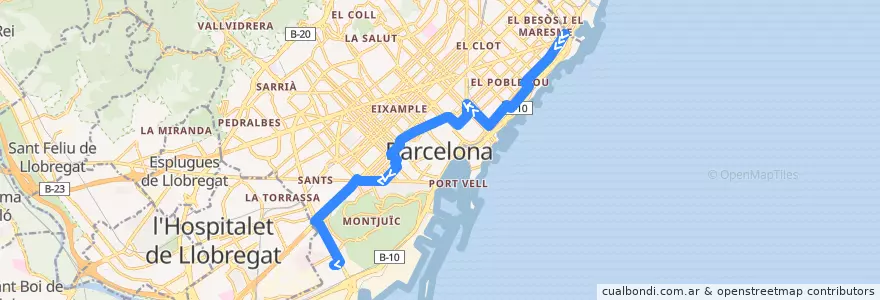 Mapa del recorrido H16: Fórum => Pg. Zona Franca de la línea  en Barcelona.