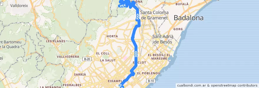 Mapa del recorrido 62 Pl. Catalunya / Ciutat Meridiana de la línea  en Barcelona.