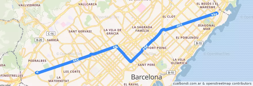 Mapa del recorrido 7: Fòrum => Zona Universitària de la línea  en Barcelona.