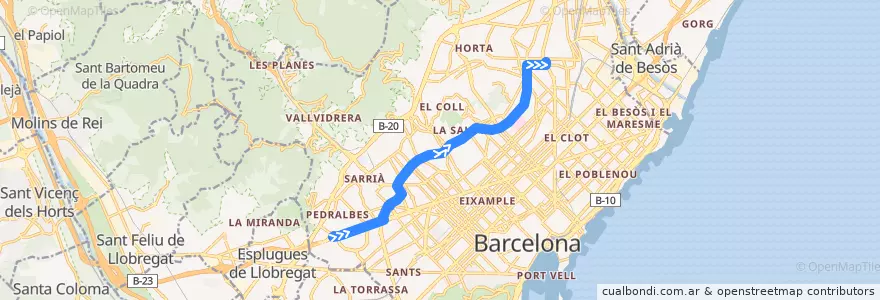 Mapa del recorrido H6 Zona Universitària - Fabra i Puig de la línea  en Barcelona.