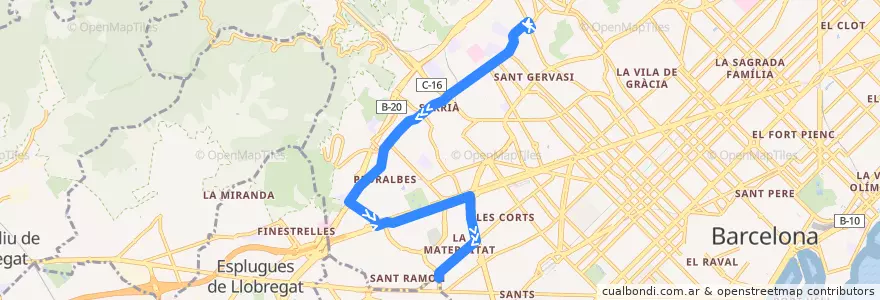 Mapa del recorrido 75 Av. Tibidabo => Les Corts de la línea  en Barcelona.
