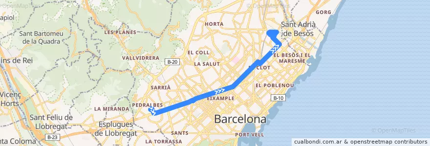 Mapa del recorrido 33 Zona Universitària / Verneda de la línea  en Barcelone.