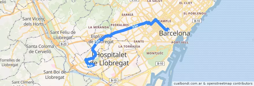 Mapa del recorrido 67 Cornellà => Pl. Catalunya de la línea  en Барселона.