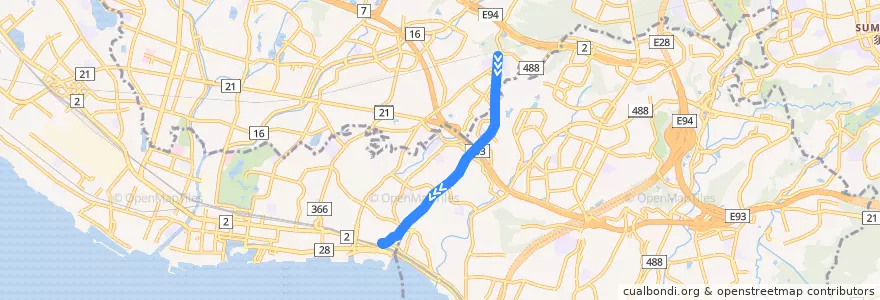 Mapa del recorrido 55 de la línea  en 兵庫県.