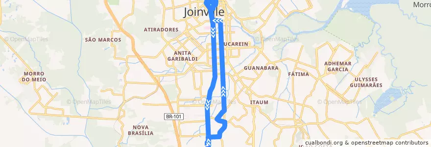 Mapa del recorrido Sul/Centro de la línea  en Joinville.