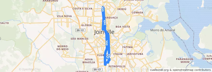 Mapa del recorrido Norte/Sul de la línea  en Joinville.