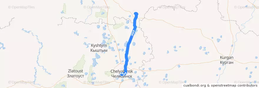 Mapa del recorrido Поезд № 6256/6258: Челябинск - Каменск-Уральский de la línea  en منطقة فيدرالية أورالية.