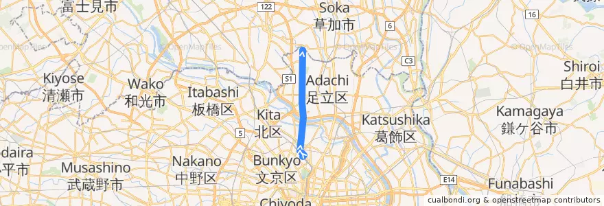 Mapa del recorrido 日暮里・舎人ライナー de la línea  en 도쿄도.