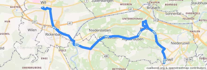 Mapa del recorrido Bus 729: Uzwil, Bahnhof => Wil SG, Bahnhof de la línea  en Wahlkreis Wil.