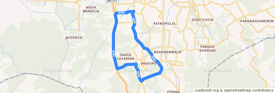 Mapa del recorrido Eixo Sul de la línea  en Joinville.