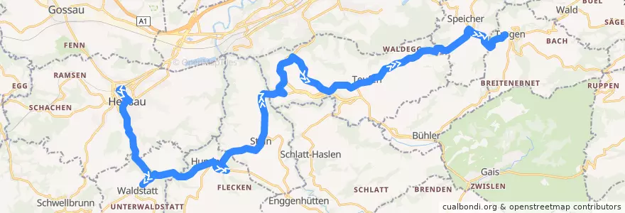 Mapa del recorrido Bus 181: Herisau => Trogen de la línea  en Appenzell Ausserrhoden.