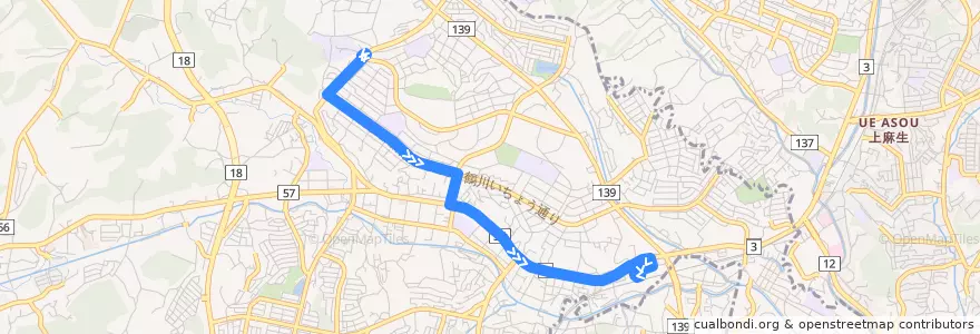 Mapa del recorrido 鶴川23系統 de la línea  en 町田市.