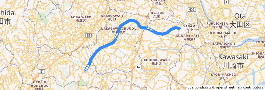 Mapa del recorrido グリーンライン de la línea  en 横滨市.