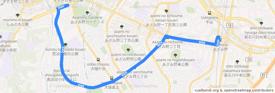 Mapa del recorrido 黒須田みすず線 de la línea  en 青葉区.