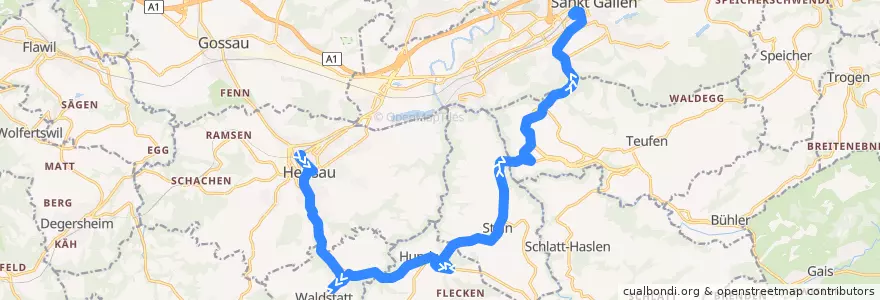 Mapa del recorrido Bus 180: Herisau => St. Gallen via Waldstatt, Hirschenkreuzung de la línea  en Appenzell Ausserrhoden.