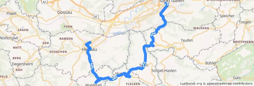 Mapa del recorrido Bus 180: St. Gallen => Herisau via Waldstatt, Hirschenkreuzung de la línea  en Appenzell Rhodes-Extérieures.