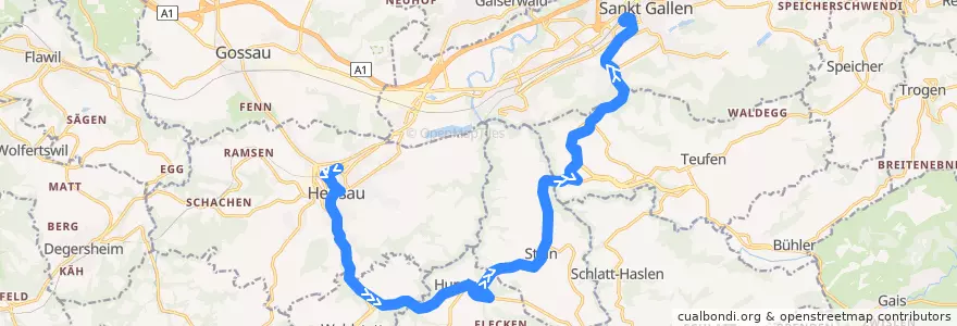 Mapa del recorrido Bus 180: Herisau => St. Gallen via Waldstatt, Auerhof direkt de la línea  en Appenzell Rodas Exteriores.
