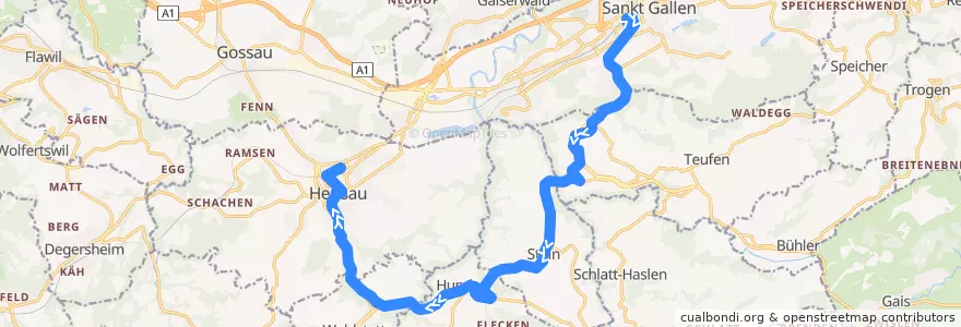Mapa del recorrido Bus 180: St. Gallen => Herisau via Waldstatt, Auerhof direkt de la línea  en Appenzello Esterno.