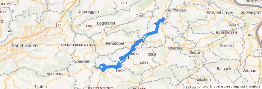 Mapa del recorrido Bus 230: Trogen => Wald AR => Heiden de la línea  en Appenzello Esterno.