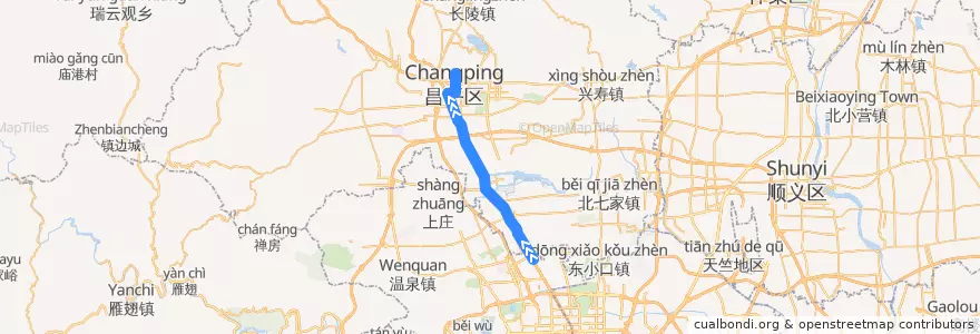Mapa del recorrido Bus 345: 德胜门西 => 昌平北站 de la línea  en 昌平区.